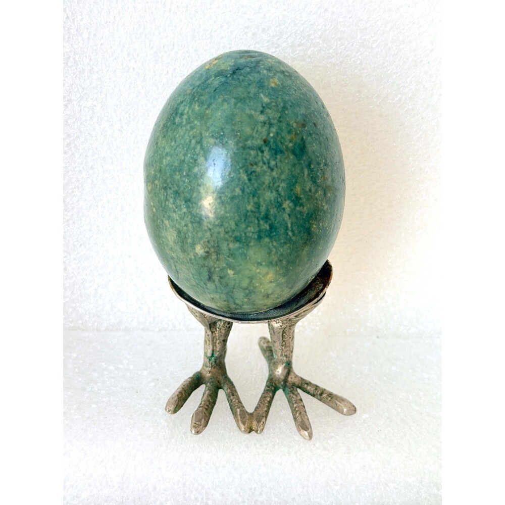 Vintage Natural Green Stone Egg with Metal Bird Claw Feet Stand Figurine